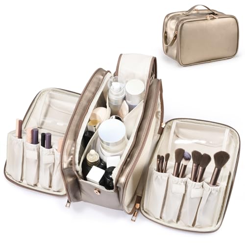 Travel Makeup Bag Women's Large Capacity Cosmetic Portable Organizer Large Opening Waterproof Storage Toiletry Bags Vertical Free-Standing Brush Holder for Easy Access Copper - color: Copper