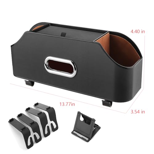 Car Back Seat Organizer with 2 Drink Cup Holder and Tissue Box, Headrest Hanging Storage Box with Hooks and Phone Holder, Multi-Functional Storage for Kids and Travel. (Black)