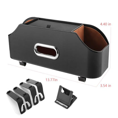 Car Back Seat Organizer with 2 Drink Cup Holder and Tissue Box, Headrest Hanging Storage Box with Hooks and Phone Holder, Multi-Functional Storage for Kids and Travel. (Black)