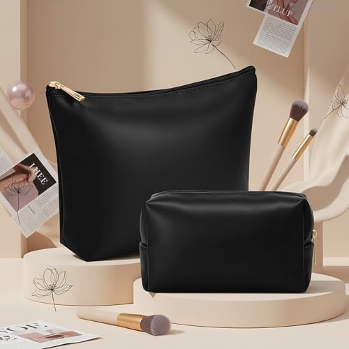 Kigeli 2 Pcs PU Leather Makeup Bag Set for Women Waterproof Aesthetic Cosmetic Bag Large & Small Travel Toiletry Organizer Pouch Skincare Organizer Bridesmaid Mother's Day Birthday Gift(Black) - color: Black