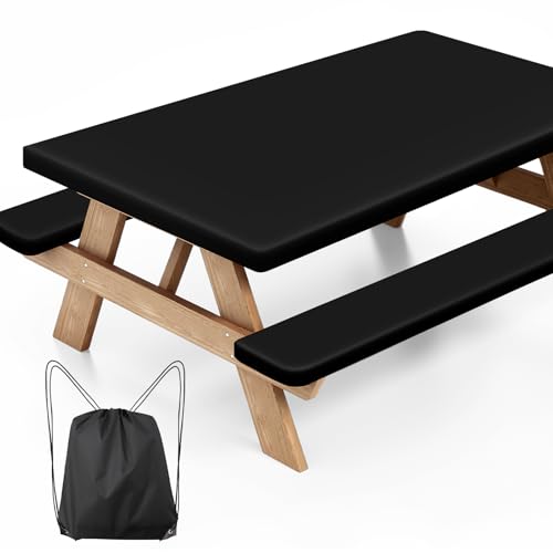 Picnic Table Cover with Bench Covers, Fitted 6ft Waterproof Tablecloth Set for Outdoor Camping & RV - Includes 1 Table Cover & 2 Bench Covers with Drawstring Storage Bag, 30"x72", Solid Black - color: Black