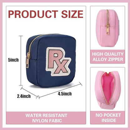 uekeboag Personalized Small Nylon Rx Cosmetic Bag, Cute Chenille Letter Patch Medicine Drug Pouch with Zipper,Preppy Makeup Travel Vitamin Bag for Women and Girls (Navy-Pink) - color: Navy-Pink