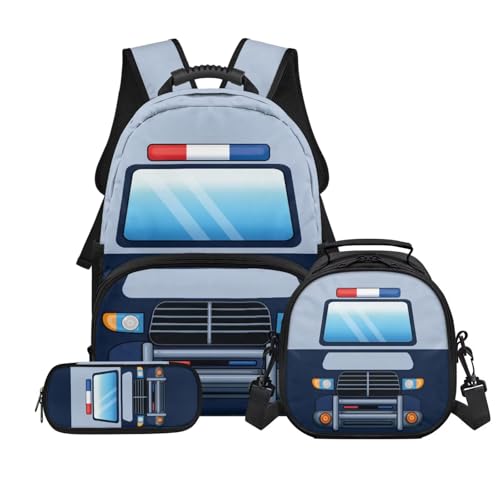 Kids Boys School Backpacks Set,Police Car Schoolbag Matching Combo for Preschool Primary, Lightweight Bookbag, Lunch Box Bundle and Pen Case Set - color: Police Car