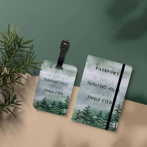 Passport Holder Set,Passport Holder and Luggage Tag,Cover for Men and Women,Wallet, Case,Travel Accessories（5.82 * 3.93 inch） - color: Green trees(Passport Holder + Luggage Tag)