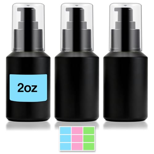 3PCS 60ML/2OZ Empty Black Frosted Glass Bottles with Pump Refillable Vial Cosmetic Dispenser Jars Storage Travel Lotion Container Portable Sample Bottle for Toiletries,Foundation,Cream,Gel,Lotion - color: Black, size: 2 OZ