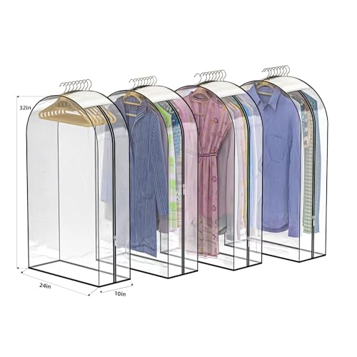 Upgraded Thickened Clear Garment Bags for Hanging Clothes 4 Packs, 10“ Gusseted Clothes Hanging Storage Bags for Closet, Shirts, Coats, Dresses (32 inch) - color: Full Clear, size: 32 inch