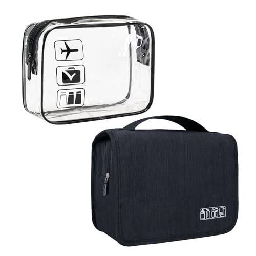 Lcsmaokin Large Capacity Toiletry Bag Travel Bag with Hanging Hook for Men and Women Waterproof Travel Cosmetic Bag Bathroom Bag,with TSA Approved Zippers Clear Travel Makeup Bag Carry-on - color: A-Black+Clear Black