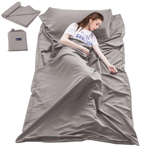 Sleeping Bag Liner Travel Sheets for Hotel Camping Sheets Travel Bed Sheets for Hotel Lightweight Single &Double Compact Sleeping Bag Sack Breathable Travel Sleeping Bag for Hotels Adult Compact Sacks - color: Khaki Grey, size: 82.7 X 45 Inch