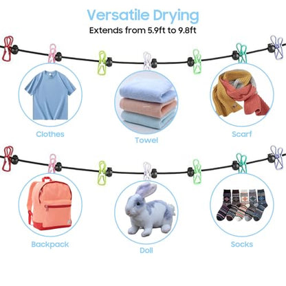 Retractable Portable Travel Clothesline, Clothing Line with 12 Clothes Clips for Indoor Laundry Drying Line with Clothesline Stops, Outdoor Camping Accessories