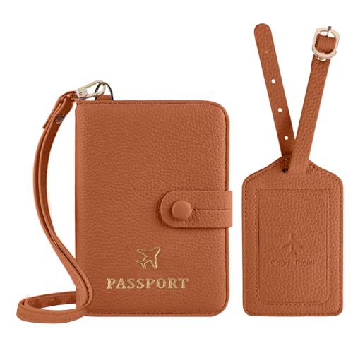 Boutilon Leather Passport Holder Covers Case with Neck Lanyard and Luggage Tag Waterproof RFID Blocking Travel Wallet Solid Color Passport Organization for Women and Men (Caramel Brown) - color: Caramel Brown