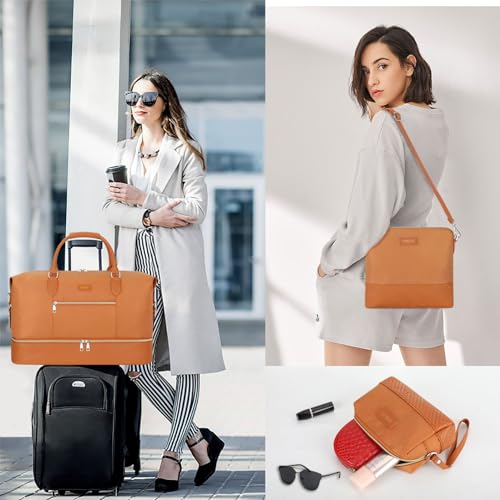 ITIEZY Weekender Overnight Bag for Women - Large Travel Duffel Bag with Shoe Compartment, Gym Duffel Bag Hospital Bag Carry On Tote Bags for Airplanes with Crossbody Bag Toiletry Bag 3Pcs Set - color: 7-Brown