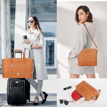 ITIEZY Weekender Overnight Bag for Women - Large Travel Duffel Bag with Shoe Compartment, Gym Duffel Bag Hospital Bag Carry On Tote Bags for Airplanes with Crossbody Bag Toiletry Bag 3Pcs Set - color: 7-Brown