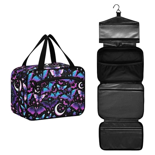 MNSRUU Hanging Toiletry Bags for Women Travel, Neon Purple and Bats Stars and Moons Toiletry Organizer Portable Travel Clear Wash Makeup Cosmetic Bag - color: Bats A8889