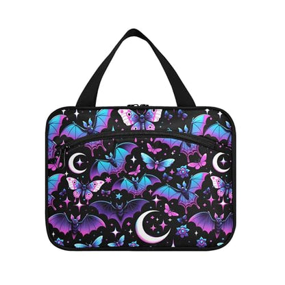 MNSRUU Hanging Toiletry Bags for Women Travel, Neon Purple and Bats Stars and Moons Toiletry Organizer Portable Travel Clear Wash Makeup Cosmetic Bag - color: Bats A8889