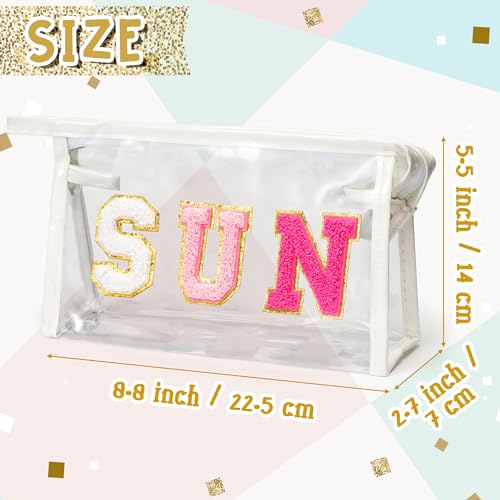 Y1tvei Clear SUN Makeup Bag - Preppy Rose Red SUN Chenille Varsity Letter Cosmetic Bag PVC Transparent Zipper Waterproof Beach Makeup Carry Pouch Portable Travel Toiletry Organizer for Women(White) - color: Rose red SUN White