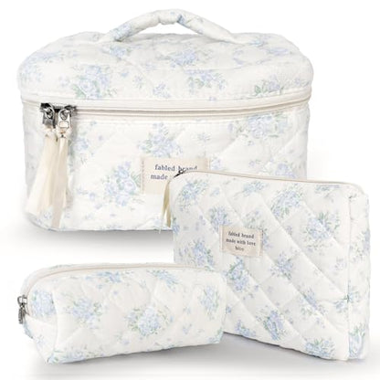 GISMTR 3Pcs Cotton Quilted Makeup Bag Large Travel Cosmetic Bag Coquette Makeup Pouch Cute Aesthetic Floral Toiletry Bag for Women Girls (flower-T) - color: flower-T