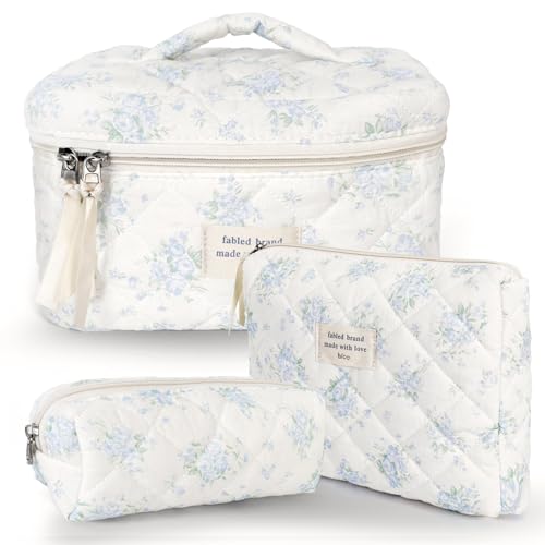 GISMTR 3Pcs Cotton Quilted Makeup Bag Large Travel Cosmetic Bag Coquette Makeup Pouch Cute Aesthetic Floral Toiletry Bag for Women Girls (flower-T) - color: flower-T
