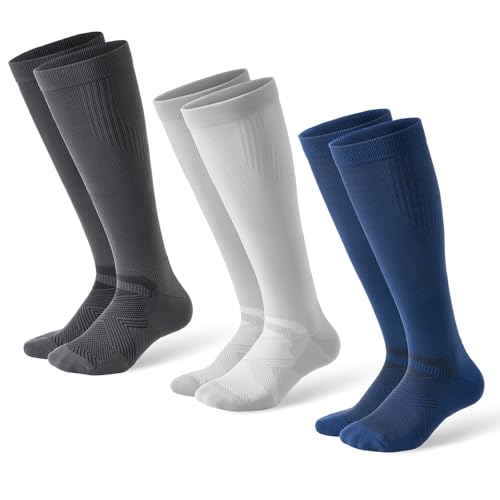 Compression Socks for Women and Men,Knee High 15-20mmHg Graduated Support(3 Pairs) Best for Nurses,Pregnant,Travel - color: B02-dark Gray/Light Gray/Navy Blue, size: Large