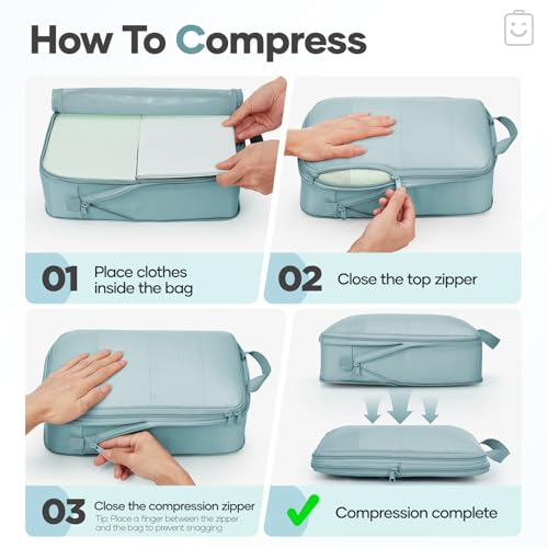 Veken 9/11 Set Compression Packing Cubes for Travel Essentials,Compressible Expandable Large Luggage Suitcase Organizer Bags for Clothing,Durable Space Saver Storage Bags with Toiletry Bags(Blue Gray) - color: Blue Gray, size: 9 set