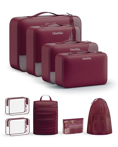 9 Set Packing Cubes for Travel, Gifts for Women Mom,Anti-Tearing Suitcase Organizer,OlarHike Vacation Essentials & Accessories for Cruise Ship - color: 11 Burgundy