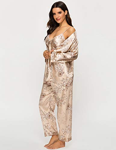 Escalier Women's Silk Satin Pajamas Set 3 Pcs Floral Silky Pj Sets Sleepwear Cami Nightwear with Robe and Pant - color: Camel, size: XX-Large