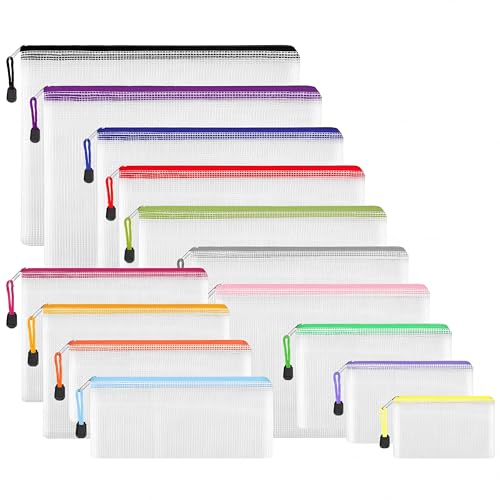 EOOUT 14pcs Zip Pouch Organizers, Mesh Bags with Zipper, 8 Sizes 14 Colors, Waterproof, for Travel, School, Office & Home - style: Multicolor-14pcs