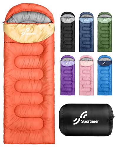 Sportneer Sleeping Bag for Adults & Kids, Cold Weather & Warm Waterproof Camping Sleeping Bag, Compact Portable for Camping Hiking & Travel - color: Orange + Yellow, size: 3.3lbs, 50-80℉