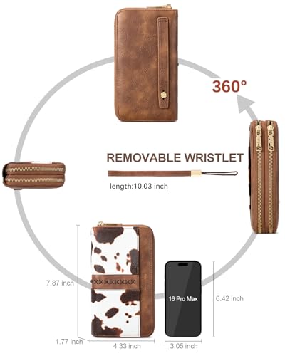 BOSTANTEN Wallets for Women Leather RFID Double Zipper Around Credit Card Holder Large Capacity Wristlet Clutch Wallet - color: Brown Cow Print