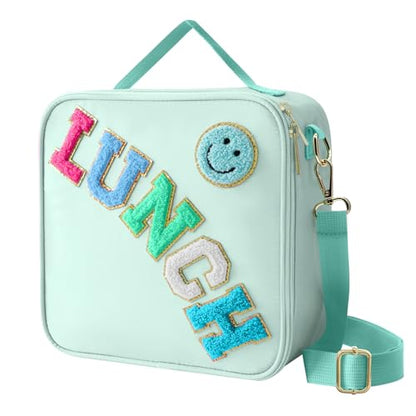 Insulated Lunch Bag With Adjustable Shoulder Strap, Nylon Preppy Lunch Box Large Insulated Lunch Bag Reusable Lunch Tote Bag with Smiley Preppy LunchBag for Girls School Travel Picnic (Green) - color: Green
