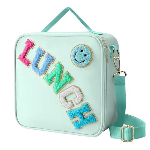 Insulated Lunch Bag With Adjustable Shoulder Strap, Nylon Preppy Lunch Box Large Insulated Lunch Bag Reusable Lunch Tote Bag with Smiley Preppy LunchBag for Girls School Travel Picnic (Green) - color: Green