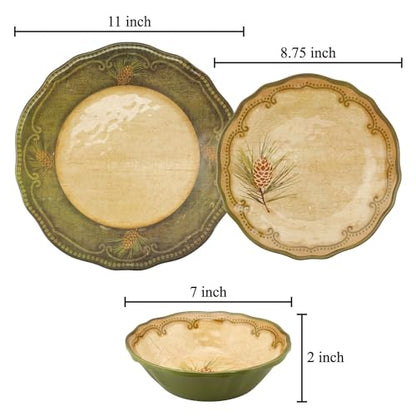 UPware 12 Piece Woodland Pinecone Melamine Dinnerware Sets, Outdoor Dishes Set, Plates and Bowls Sets, Service for 4, Dark Green - color: Woodland Pinecone