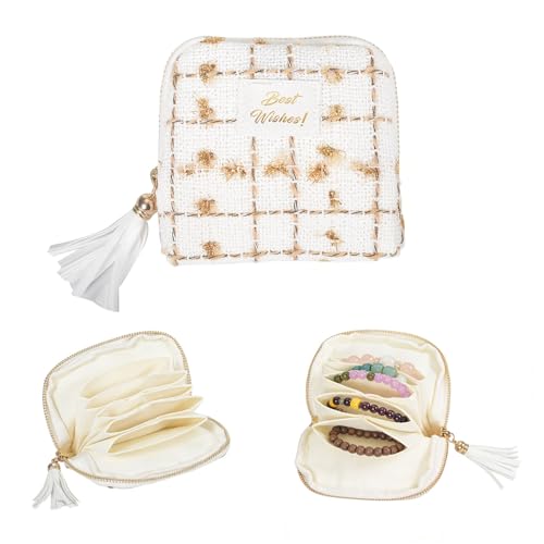Travel Jewelry Case Small with Tassel Zipper, Soft Velvet Travel Jewelry Organizer Pouch for Necklaces, Rings and Earrings, Portable Multi Layer Jewelry Bags, Anti Tangle Storage (Off-white) - color: beige