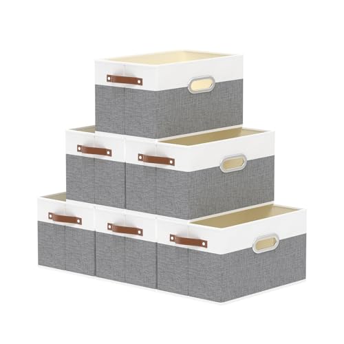 Yawinhe Fabric Storage Baskets, Foldable Closet Organizer for Shelves, Large Boxes with 3 Handles, Canvas Bins for Clothes, White/Grey, 12.99''Lx9.05''Wx7.87''H, 6-Pack - color: White/Grey, size: 12.99x9.05x7.87in/6-Pack