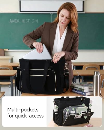 HOMESPON Lunch Bag, 24.5L Large Tote Bag for Women, Laptop Bag Fits 15.6" with Insulated Lunch Compartment & Shoulder Strap, Work Tote for Nurse, Teacher, Office, Commute, Travel, Black - color: Black