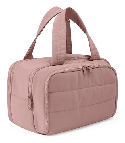 Travel Toiletry Bag for Women, Large Wide-open Puffy Cosmetic Makeup Bag with Wet-Dry Separation, Multi-Pocket Organizer with Carry Handle for Toiletries, Cosmetics, Essentials, Dark Pink - color: Dark Pink