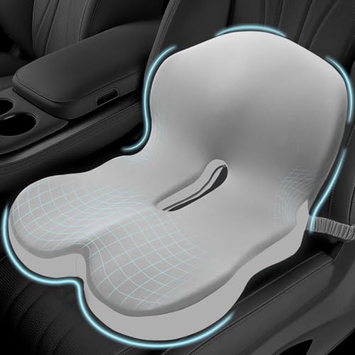 Memory Foam Seat Cushion for Sciatica & Back Pain Relief - Ergonomic Chair Pad with Adjustable Strap & Supportive Comfort Cover, Non-Slip for Car, Truck, Office Chair - Light Gray - color: Light Gray