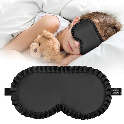 Kids Sleep Mask, 100% Real Mulberry Silk Eye Mask, Sleeping Mask for Kids with Adjustable Elastic Band, Soft & Light Blocking Eye Cover Gift for Boys Girls Teens Age 5+ (Black) - color: Black