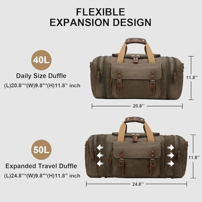 Waxed Canvas Duffel Bag 50L, Army Green | Waterproof, Travel, Overnight, Weekender - color: Army Green