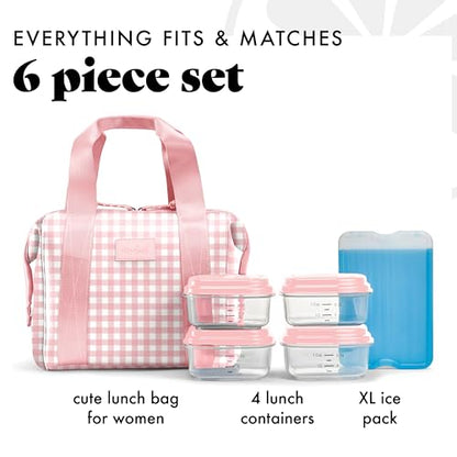 Fit & Fresh Remi Lunch Bag for Women Work – Neoprene Lunch Tote with Containers & Ice Pack, Reusable Meal Prep Lunch Box, Large Capacity, Machine Washable, Pink Gingham - color: Pink Gingham