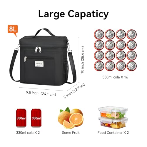 Voova Lunch Bag for Men and Women, Insulated Lunch Box with Shoulder Strap, Adult Reusable Lightweight Nylon Waterproof Lunchbox Lunch bags for Work, Black - color: Black
