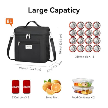 Voova Lunch Bag for Men and Women, Insulated Lunch Box with Shoulder Strap, Adult Reusable Lightweight Nylon Waterproof Lunchbox Lunch bags for Work, Black - color: Black