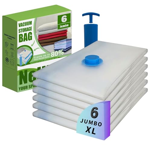 6 Jumbo XL Vacuum Storage Bags with Pump, Extra Large Compression Space Saver for Comforter, Duvet, Blanket, Bedding Storage, Vacuum Seal Bags for Clothing, Luggage Suitcase and Closet Organizer - size: 6 Jumbo XL