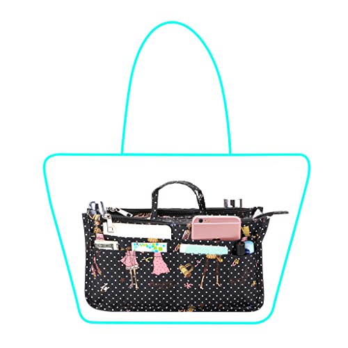BTSKY Printing Handbag Organizers Inside Purse Insert-High Capacity 13 Pockets Bag Tote Organizer with Handle Fashion Style - color: Black+Pink