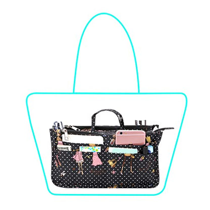 BTSKY Printing Handbag Organizers Inside Purse Insert-High Capacity 13 Pockets Bag Tote Organizer with Handle Fashion Style - color: Black+Pink