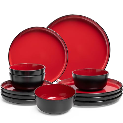 12-piece Dinnerware Sets Service for 4 - Dinner Plate, Dessert Plates, Cereal Bowls, Lightweight Melamine Plates and Bowls Sets, RV, Kitchen Dishes for Outdoor Use, Red and Black - color: Black and Red