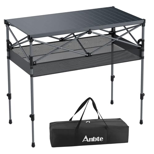 Anbte 34.2” Tall Camping Table Foldable, 2 Adjustable Height Large Roll Up Camping Table Support 264lbs with Storage Basket and Bag, Waterproof, for Travel BBQ Outdoor Patio, 39.4” x 19.7”, Black - color: Black, size: 39.4”L x 19.7”W x 34.2”H (2 heights)