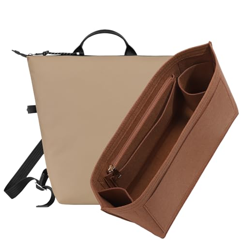 Purse Organizer Insert for Longchamp Le Pliage L Backpack, Felt Lightweight Long Champ Large Backpack Divider Shaper and Cup Holder,Zipper Bags Inner Linner with 8 Deepened Pockets,L/Gold-brown - color: Gold-brown, size: L Backpack