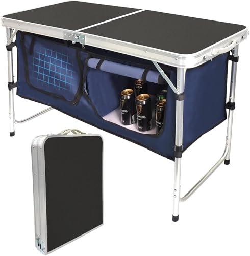 Folding Camping Table with Storage Compartment Aluminum Lightweight Camp Kitchen Table Height Adjustable Indoor/Outdoor Table Perfect for Tailgating, Backyards, BBQ,Picnic, Black - color: Black Standard