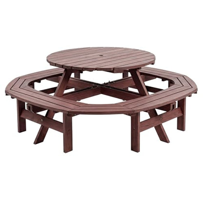 Garvee 8 Person Wooden Picnic Table, Outdoor Picnic Tables with 4 Built-in Benches, Circular Camping Dining Table and Chairs Set with Umbrella Hole for Garden, Patio, Backyard, Walnut Brown