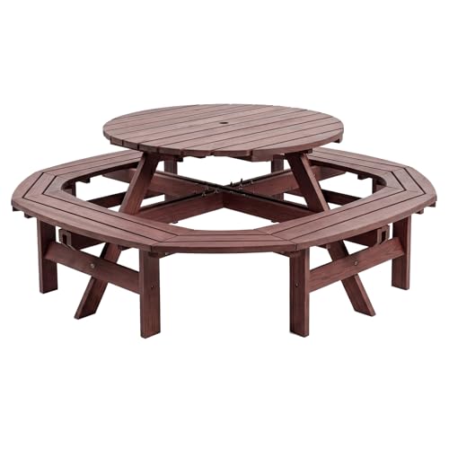 Garvee 8 Person Wooden Picnic Table, Outdoor Picnic Tables with 4 Built-in Benches, Circular Camping Dining Table and Chairs Set with Umbrella Hole for Garden, Patio, Backyard, Walnut Brown